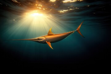 Marlin swimming gracefully beneath sunlight in deep ocean waters exhibiting streamlined body and long bill