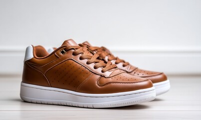 Stylish leather sports sneakers showcasing a sleek design against a white background in natural lighting