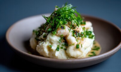 Velvety mashed breadfruit with shellfish sauce and pandan aroma served elegantly on a warm taupe plate against a storm blue background