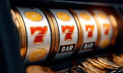 Close up view of a colorful slot machine showcasing matching sevens, bars, and lemon symbols with vibrant golden accents