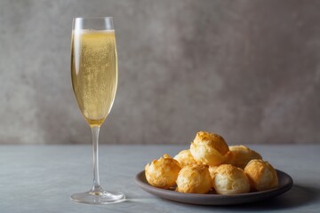 Champagne flute with gougres cheese puffs on slate plate against soft gold background for elegant dining experience