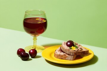 Experience the delightful pairing of cherry Heering and liver pate on rye toast against a soft green backdrop