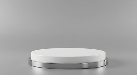 Minimalist white circular platform with metallic base on gray background