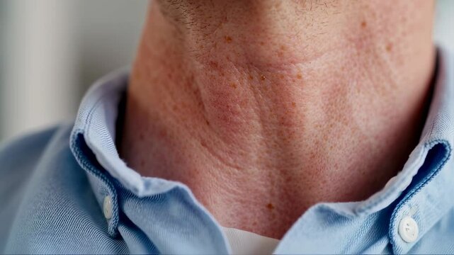 Closeup of man swallowing: neck muscles and adam's apple movement in slow motion