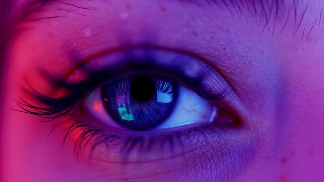 Vibrant neon eye transformation with changing color reflections in macro view