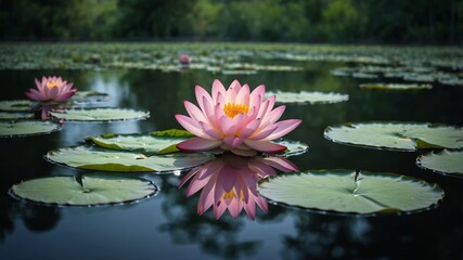 Reflections of Pink Water Lilies on a Serene Pond Surrounded by Lush Greenery in the Early Morning Light