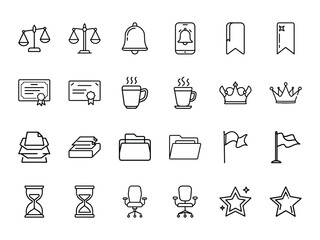 Bundle of Business, Office, and Legal Icons - Balance Scale, Certificate, Coffee, Crown, Files, Flag, Star and More - Black Silhouette Line Style Vector Icons on White Background