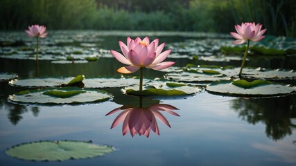 Beautiful Pink Lotus Flowers Blooming on a Serene Pond During the Early Morning Hours, Reflecting on Still Water Surrounded by Lush Greenery