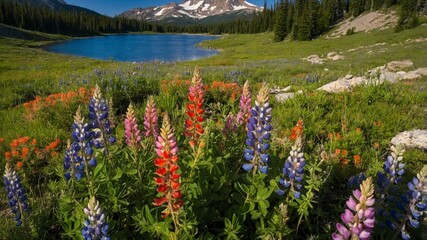 Lush Wildflowers Bloom by a Serene Lake Against a Backdrop of Mountains and Clear Skies in a Peaceful Natural Setting During Summer