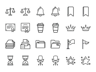 Bundle of Business, Office, and Legal Icons - Balance Scale, Certificate, Coffee, Crown, Files, Flag, Star and More - Black Silhouette Line Style Vector Icons on White Background