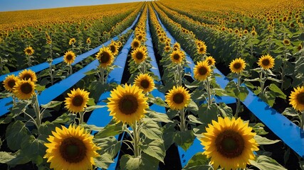 Sunflower Field With Vibrant Blooms and Blue Stripes Under Bright Sunshine on a Clear Day in a Rural Landscape