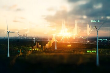 A stock market graph overlaying an open field with wind turbines, illuminated by the golden hour sunlight. The background features a city skyline in soft focus. 