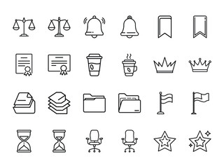 Bundle of Business, Office, and Legal Icons - Balance Scale, Certificate, Coffee, Crown, Files, Flag, Star and More - Black Silhouette Line Style Vector Icons on White Background