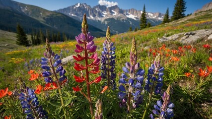 Colorful Wildflowers Bloom in Alpine Meadow With Mountains in the Background During Sunny Summer Afternoon