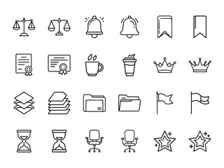 Bundle of Business, Office, and Legal Icons - Balance Scale, Certificate, Coffee, Crown, Files, Flag, Star and More - Black Silhouette Line Style Vector Icons on White Background