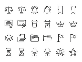 Bundle of Business, Office, and Legal Icons - Balance Scale, Certificate, Coffee, Crown, Files, Flag, Star and More - Black Silhouette Line Style Vector Icons on White Background