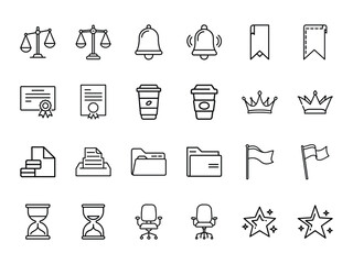 Bundle of Business, Office, and Legal Icons - Balance Scale, Certificate, Coffee, Crown, Files, Flag, Star and More - Black Silhouette Line Style Vector Icons on White Background