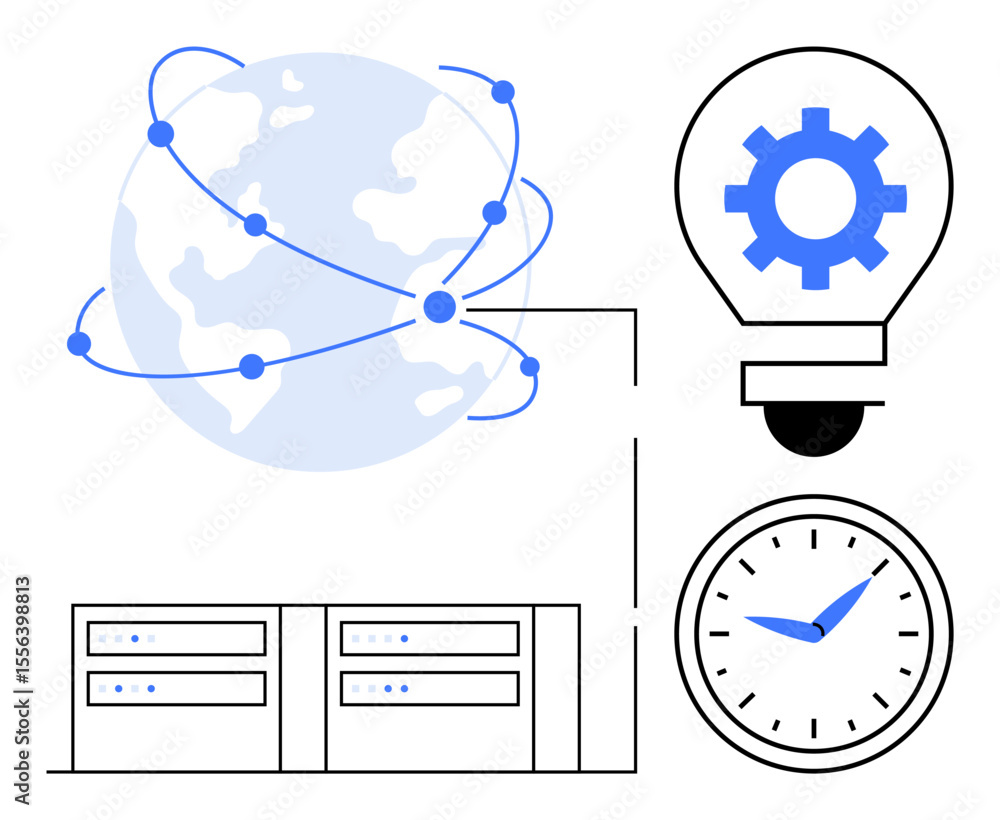 Poster globe with connecting nodes, server racks, gear in lightbulb for innovation, clock symbolizing effic