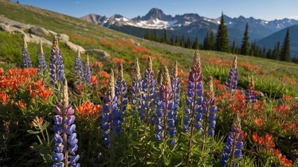 Colorful Wildflowers Bloom in a Mountain Meadow at Sunrise, Showcasing Vibrant Hues Against Majestic Peaks in the Background