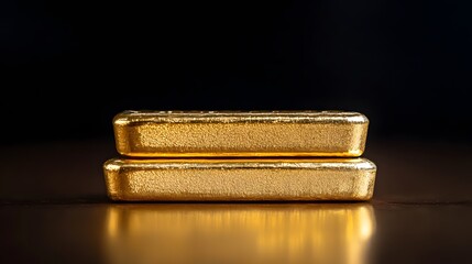 Golden Bars: Two gleaming gold bars are stacked on a reflective surface, capturing the essence of wealth, investment, and financial security against a deep, shadowy background.