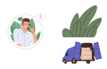 Customer service agent with headset talking, delivery van fully loaded with packages, background foliage. Ideal for logistics, communication, delivery, business, online shopping, transport customer