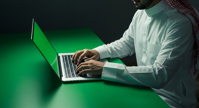 Arab Man Works on Laptop with Green Screen in Dim Light