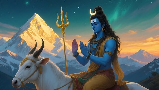 Lord shiva meditating on nandi bull amidst snowy mountains and starry sky