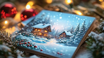 Stack of Christmas Cards with Holiday Greetings and Snowy Scenes for Christmas, Holiday Greetings, and Festive Season Designs.