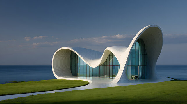 White curvilinear building with glass facade by the sea