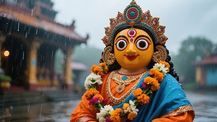 Colorful hindu deity statue adorned with flowers in the rain