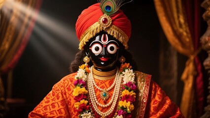 Close up of a statue of lord krishna adorned with a red turban and floral garlands