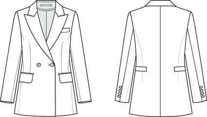 Technical flat sketch of women's tailored blazer front and back view, CAD fashion drawing, vector illustration, double breasted jacket with lapel, pocket, sleeve detail