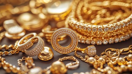 Gold jewelry collection, close-up.  Possible use showcasing luxury accessories