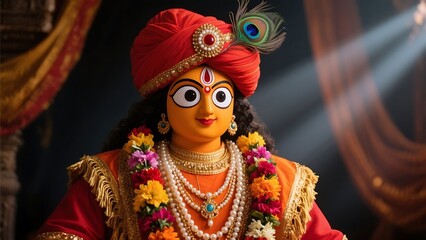 Lord krishna statue adorned with a red turban peacock feather and floral garland
