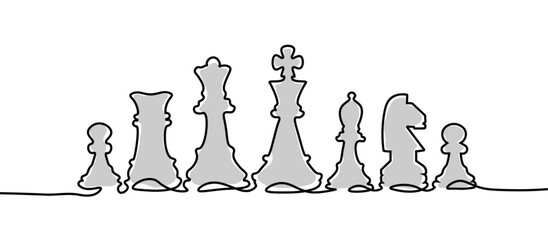 collection set of white chess pieces of rook, knight, king, queen, bishop, pawn symbol sign One continuous line drawing Doodle outline, monoline lineArt with place for text free space copyspace