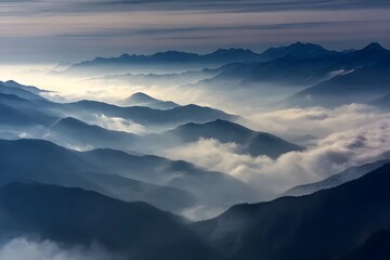 Fototapeta premium The mist in the valley is rolling, and there's an endless sea of clouds atop many mountains. The sky has just