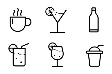 Six lineart icons depict various beverages hot coffee, martini glass, bottle, juice with straw, wine glass, and a slushy cup.