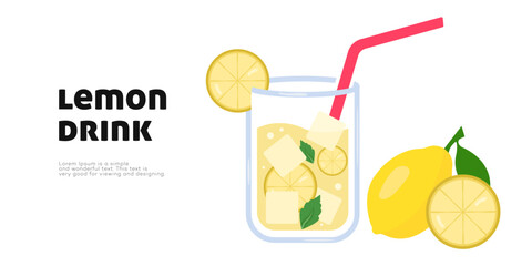 Refreshing Iced Lemon Drink with Slices and Straw Background