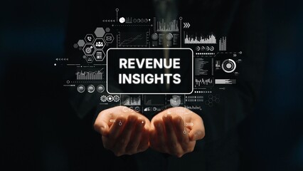 Hands Holding Data Visuals Representing Revenue Insights and Business Analytics for Financial Growth. Asymptotic smart data analytic.