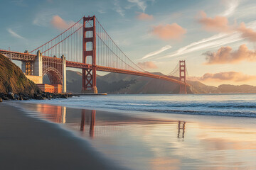 Golden gate bridge reflected in wet sand at sunrise with gentle waves