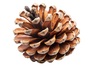 Detailed brown pine cone with woody scales and central stem isolated on a transparent background natural, PNG