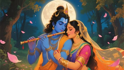 Lord krishna plays flute for radha under a full moon in a mystical forest