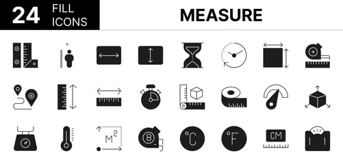 Collection of 24 measure fill icons featuring editable strokes. These outline icons depict various modes of measure, measurement, icon set, scale, size, ruler, gauge, dimension, temperature, line, squ