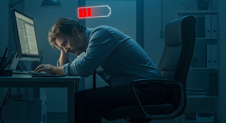 Stressed Employee Struggling with Work Fatigue in a Dimly Lit Office Environment