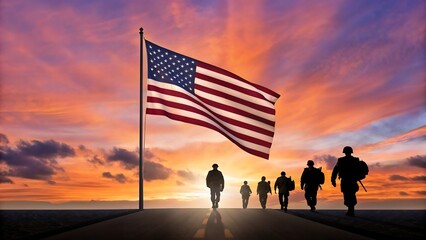 Silhouetted soldiers walking toward American flag at sunset in patriotic tribute scene
