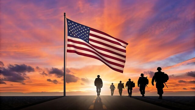 Silhouetted soldiers walking toward American flag at sunset in patriotic tribute scene