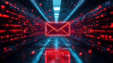 Digital Mail Network: A captivating digital representation of an email within a network of data, bathed in the cool glow of a neon environment.