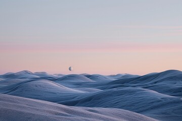 A serene landscape featuring soft, rolling sand dunes with a pale orb hovering in the sky at sunset.