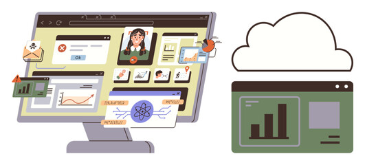 Computer monitor displaying multiple web applications, graphs, and alerts with virus bug icons. Cloud and data analytics screen beside. Ideal for technology, security, data analysis, antivirus, AI