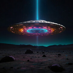 An abstract glowing UFO beaming colorful light patterns onto a dark lunar surface, creating strange symbols and shapes, sci-fi surrealism